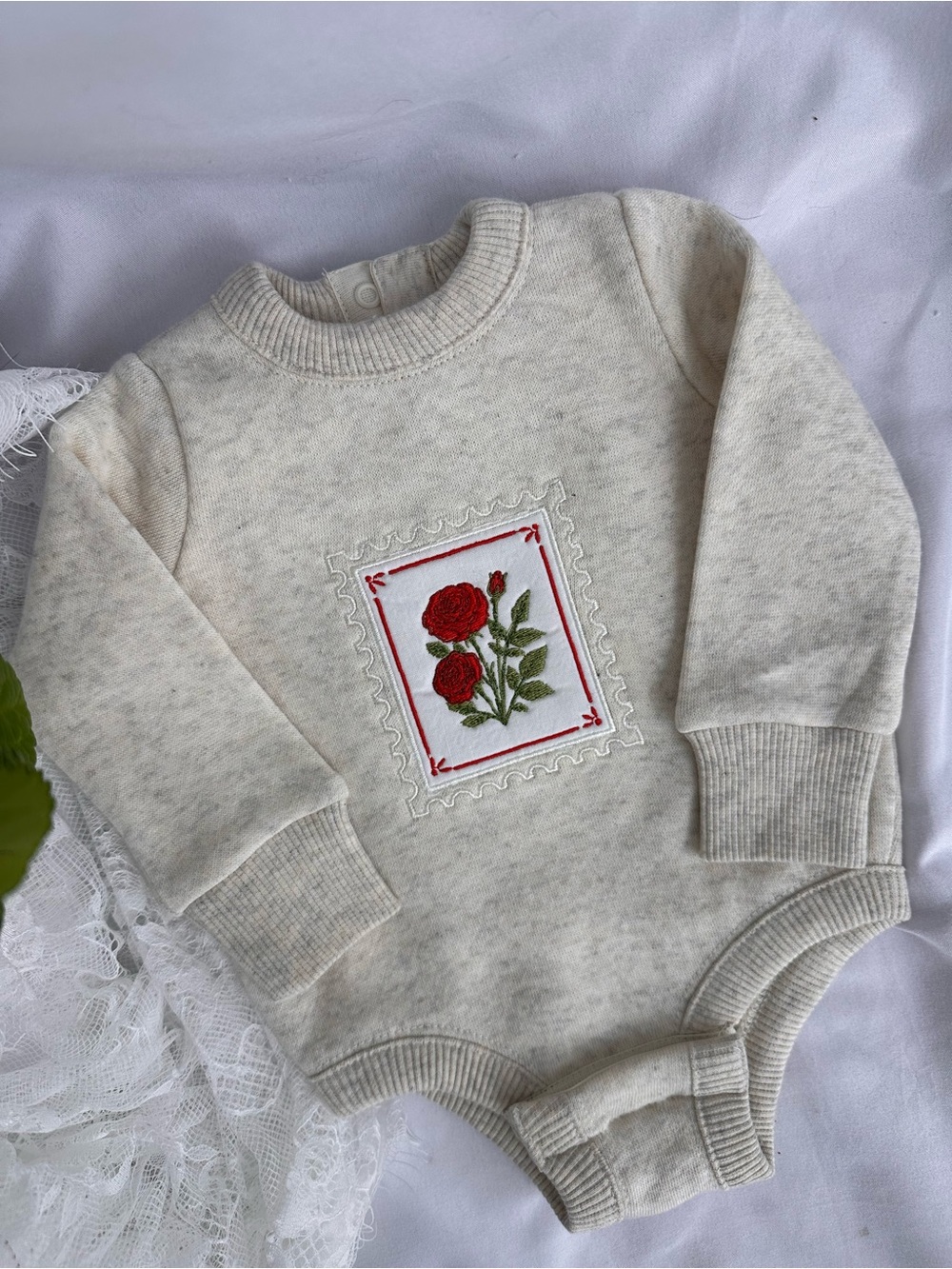 NWT Cream Baby Sweater Bodysuit with Red Rose Embroidery